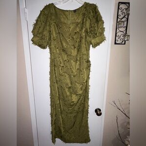 💚 Olive Green Textured Midi Dress | Puff Sleeves | SHEIN 💚